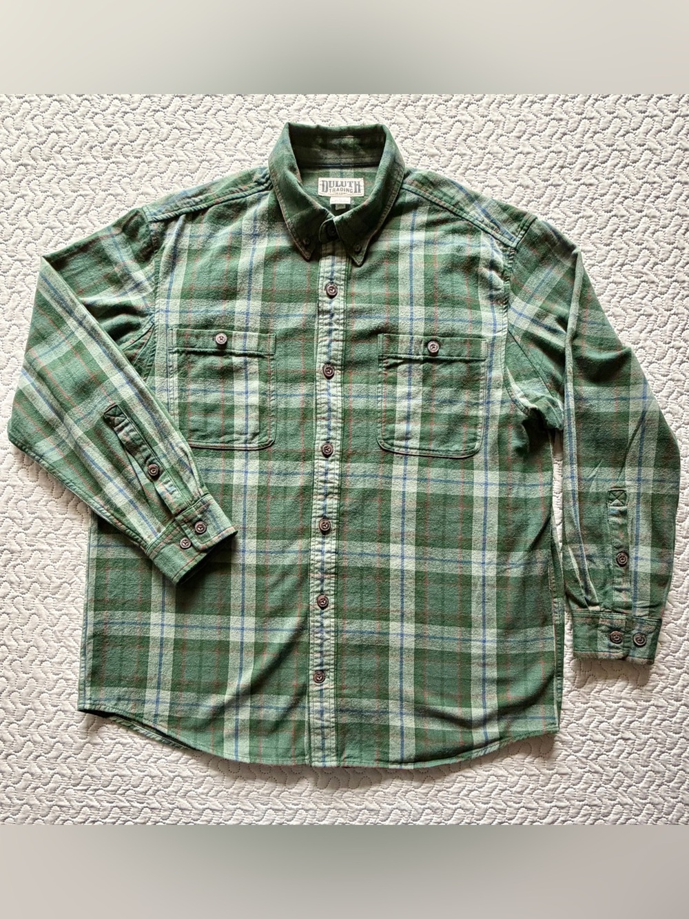 Duluth Trading Co Men’s Large Green Plaid Flannel Shirt 100% Cotton Workwear